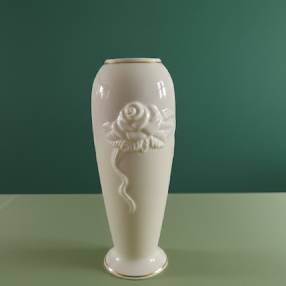 Vintage Lenox Ivory Porcelain Vase - Embossed Rose & Ribbon - 24K Gold Trim